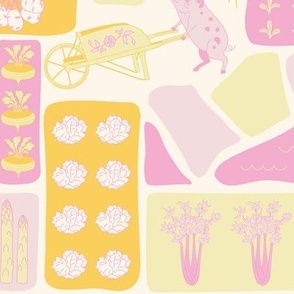 Medium Aerial Birds Eye View of Farm in Butter Yellow and Piglet Pink with a Seashell White Background