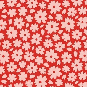 Ditsy flowers / Large scale / Red + pink