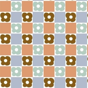 Checkerboard flower in sage green, brown, caramel, blue  Small