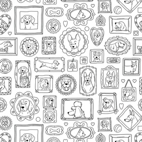 Doodle Dogs in Wall Picture Frames Coloring Book Style 
