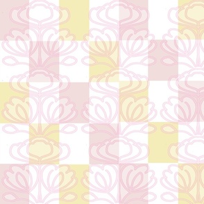 PINK AND WHITE   AND YELLOW CHECKERBOARD FLORAL