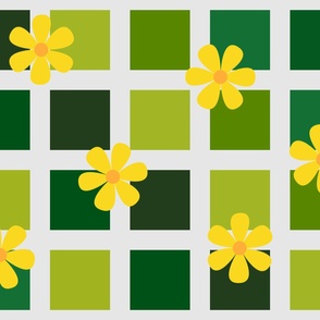 Yellow Daisies and Green Squares on Gray Quilt Panel