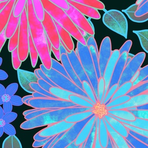 Tropical Blooms // Bright Pink and Blue on Black Background