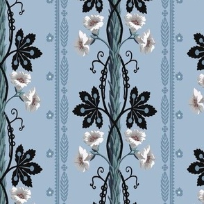 1803 Vintage French Floral Vines in White and Black on Serene Blue - with Blue Leaf Centers