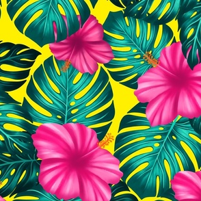 Monstera and Hibiscus, teal and pink on yellow large