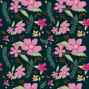 retro pink and cream florals and leaves on deep dark green