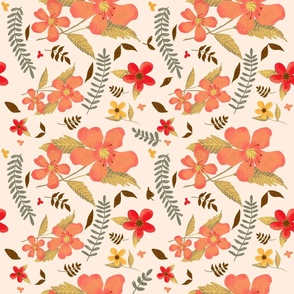 autumn vibe retro red and orange florals and brown leaves on blush 