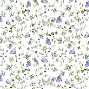 12" a soft summer butterflies meadow  - nostalgic eucalyptus leaves, Blue Butterflies and Herbs home decor on white,    Baby Girl and nursery fabric perfect for kidsroom wallpaper, kids room, kids decor 
