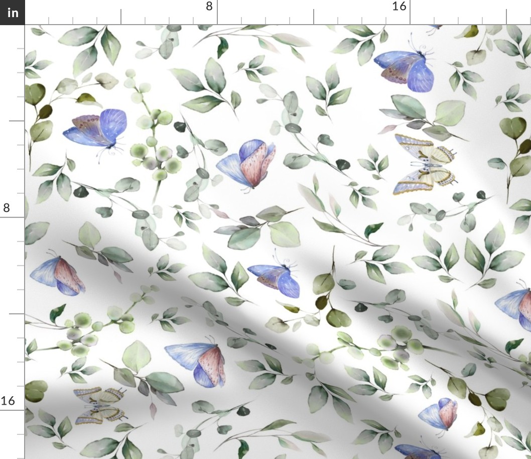 18" Turned Left - a soft summer butterflies meadow  - nostalgic eucalyptus leaves, Blue Butterflies and Herbs home decor on white,    Baby Girl and nursery fabric perfect for kidsroom wallpaper, kids room, kids decor 