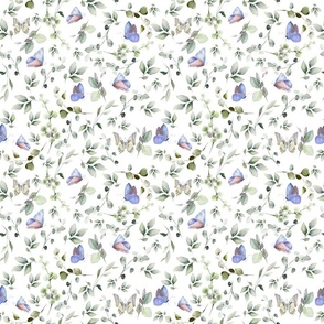 9" a soft summer butterflies meadow  - nostalgic eucalyptus leaves, Blue Butterflies and Herbs home decor on white,    Baby Girl and nursery fabric perfect for kidsroom wallpaper, kids room, kids decor 