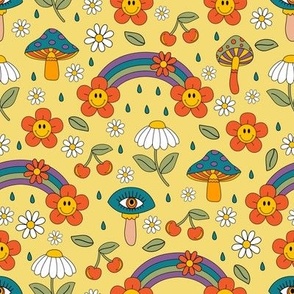 groovy rainbow, flowers, mushroom on a  yellow background