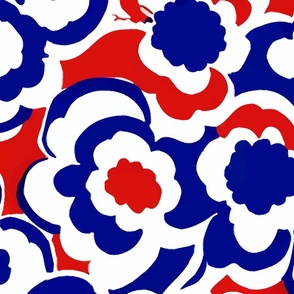Seventies style oversized blue, white and red florals
