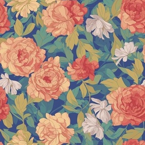 Pattern of orange and red roses