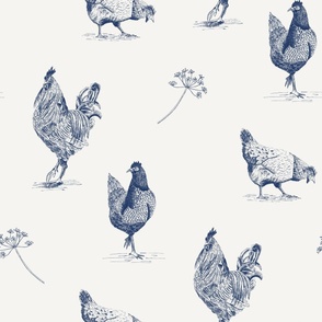Chickens toile de jouy blue and white - large scale