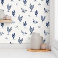 Chickens toile de jouy blue and white - medium scale