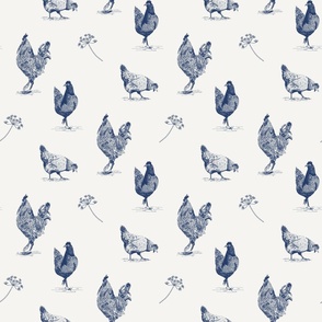 Chickens toile de jouy blue and white - medium scale