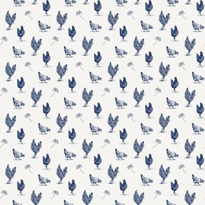 Chickens toile de jouy blue and white - small scale