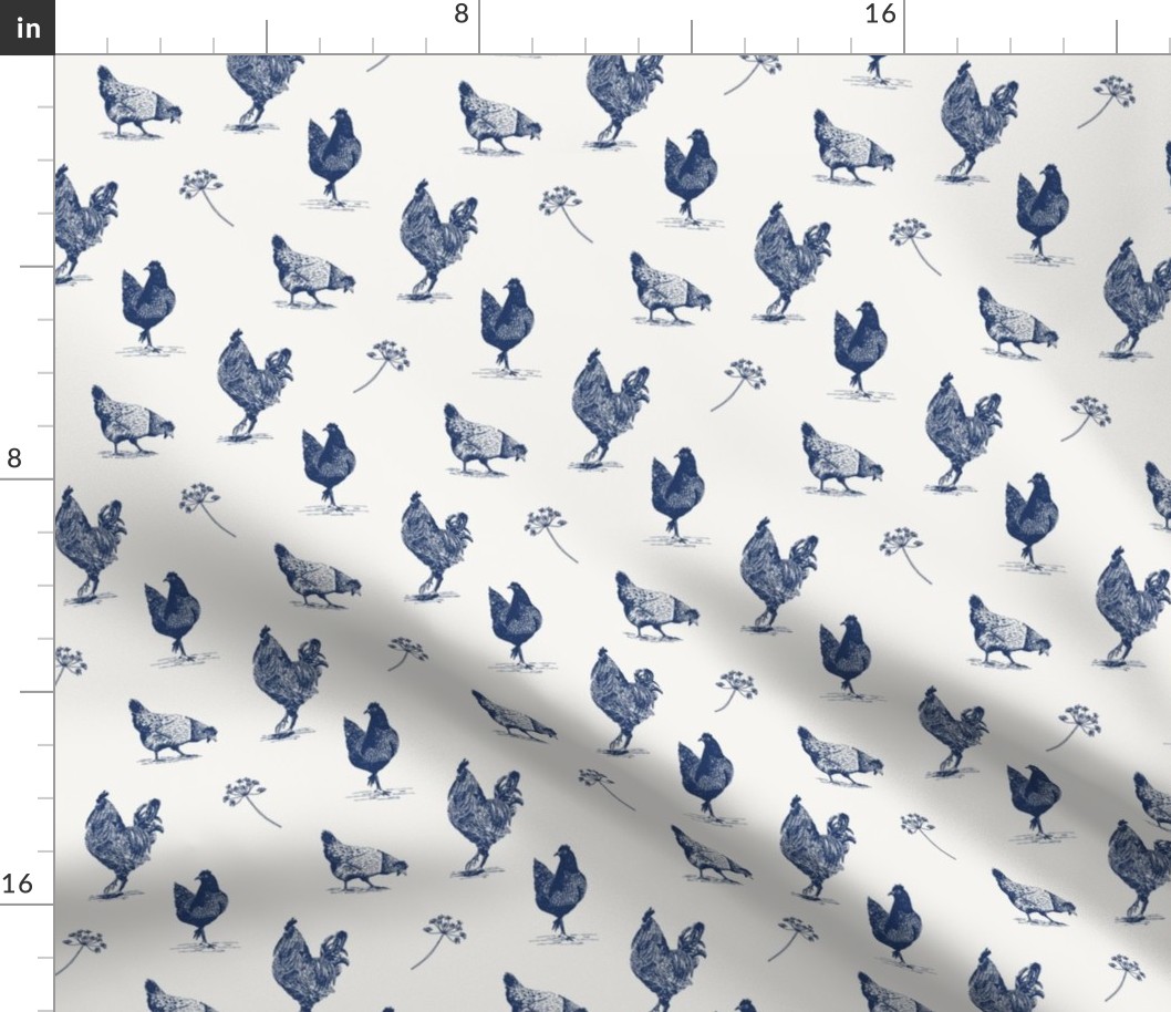 Chickens toile de jouy blue and white - small scale