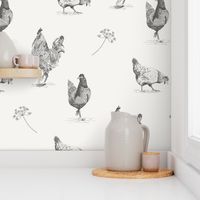 Chickens toile de jouy black and white - large scale