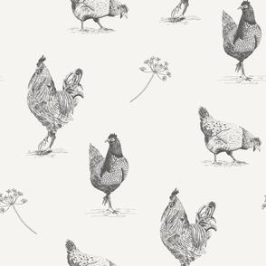 Chickens toile de jouy black and white - large scale