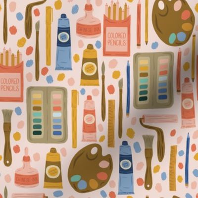 Creative Tools Pattern: Art Supplies and Paint Swatches featuring Watercolors, Colored Pencils, Acrylic and Oil Paints, Block Print Roller and Chinese Ink