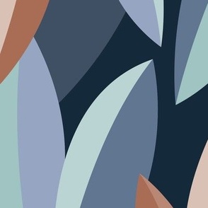 Colorful retro abstract leaves - tropical lush garden theme mid-century style  beige sand blue on navy LARGE