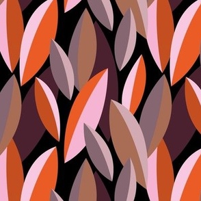 Colorful retro abstract leaves - tropical lush garden theme mid-century style red orange pink brown on black seventies palette