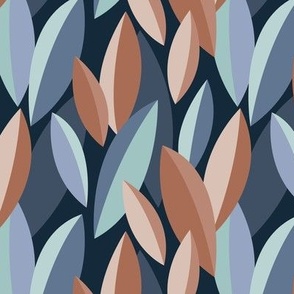 Colorful retro abstract leaves - tropical lush garden theme mid-century style  beige sand blue on navy 