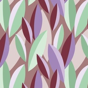 Colorful retro abstract leaves - tropical lush garden theme mid-century style red mint green lilac burgundy on mauve