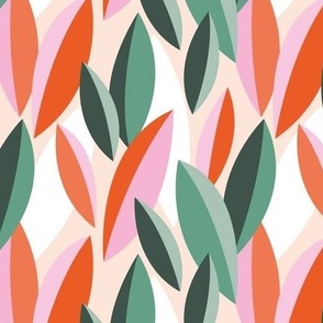 Colorful retro abstract leaves - tropical lush garden theme mid-century style red orange pink sage green pine on sand