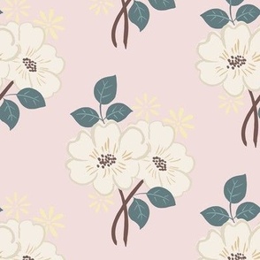 Fiona Small Bouquet Creme Flowers Pink Ground Teal Green Leaves 