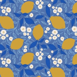 Lemons and Florals Capri Blue Wallpaper