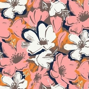 Vintage Abstract Floral Pink Orange / Small Scale