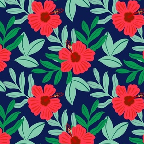 Floral red hibiscus pattern on navy | tropical summer flowers
