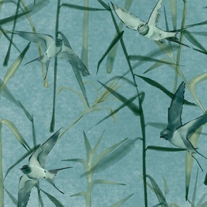 Grasses and Swallows -on teal with white texture (large scale)