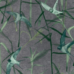 Grasses and Swallows-on dark gray with gray and white textures (large scale)