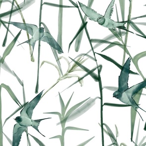 Grasses and Swallows-on white (large scale)