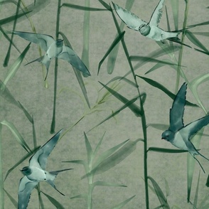 Grasses and Swallows-on light gray with gray, teal and green textures (large scale)  