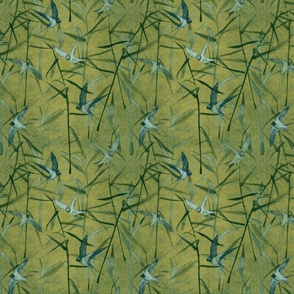 Grasses and Swallows-on chartreuse with teal and green textures plus teal overlay (small scale)