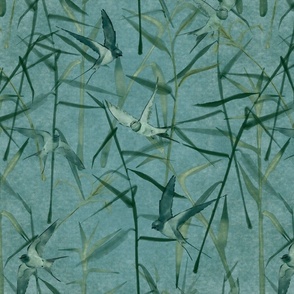 Grasses and Swallows-on teal with white and teal textures (small scale)