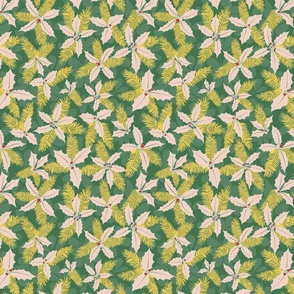 Holly & Berries, green, yellow, light tan - LARGE