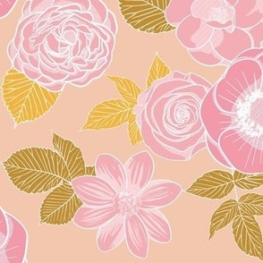 Peachy floral - pink and mustard on peach background 