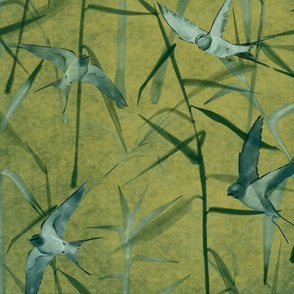 Grasses and Swallows-chartreuse with green and teal plus teal overlay (large scale)