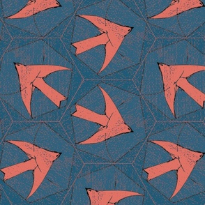 Chimney swifts red on blue hexagons kids linen birds large