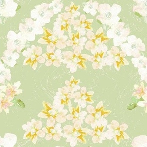 Pale Green Watercolor Floral, Green and White Fabric, Pastels, Mid scale