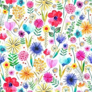 Bold multicolor flowers Spring garden Watercolor Rainbow White Micro