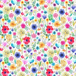 Bold multicolor flowers Spring garden Watercolor Rainbow White Small