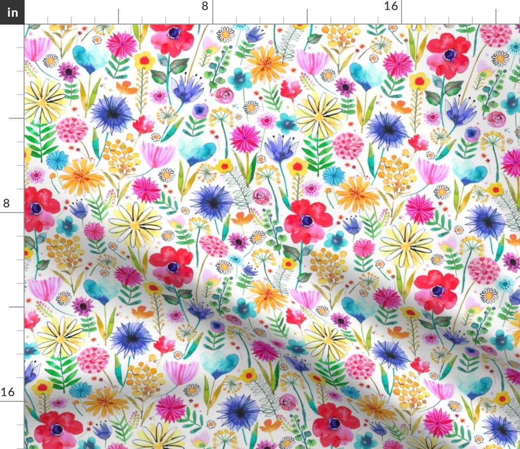 Bold multicolor flowers Spring garden Watercolor Rainbow White Small