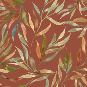 Watercolor Eucalyptus on Benjamin Moore Cinnamon large wallpaper