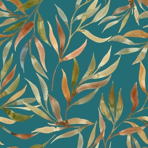 Watercolor Eucalyptus on Benjamin Moore North Sea Green large wallpaper